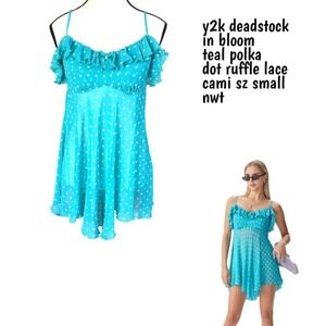 y2k deadstock teal polka dot ruffle baby doll cami in bloom tank s/m nwt